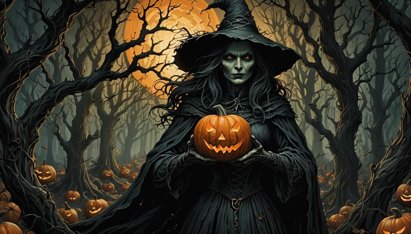 Vintage Witch in Eerie Forest: Dark Fantasy Illustration