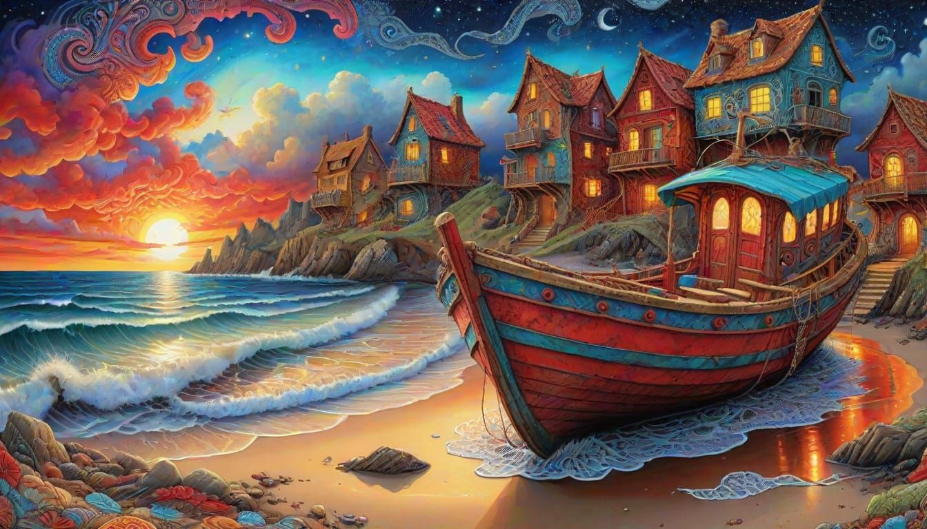 Fantasy Seashore Scene with Abandoned Boat and Glowing Sky