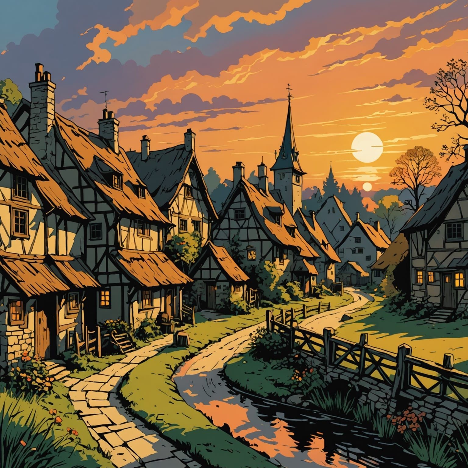 Fairytale Village Sunset in Rackham Style