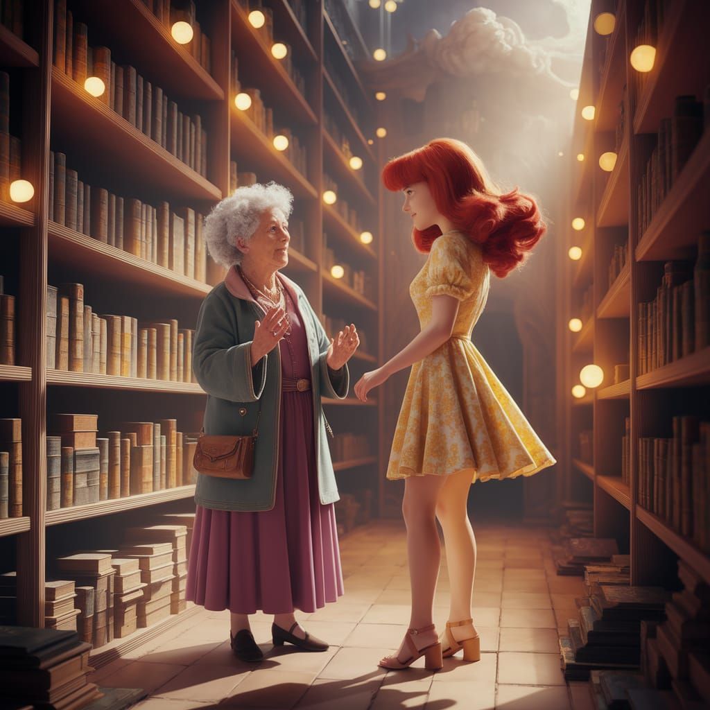 Ethereal Fantasy Library Scene in Whimsical Style