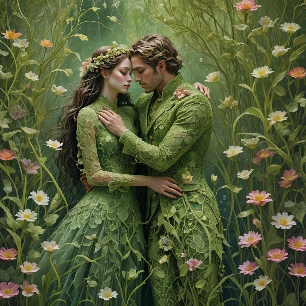 Ethereal Embrace in a Light Green Dreamscape