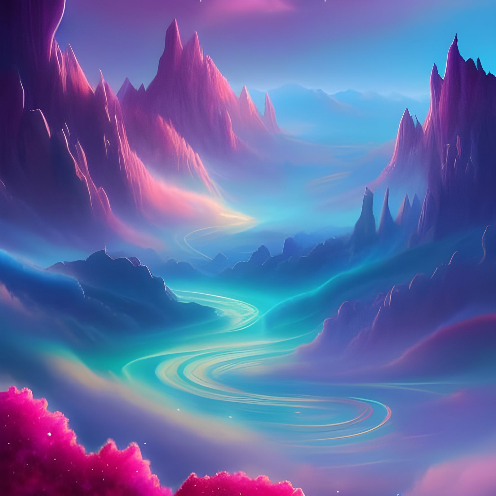 Cosmic Dreamcore Fantasy Landscape in Gouache