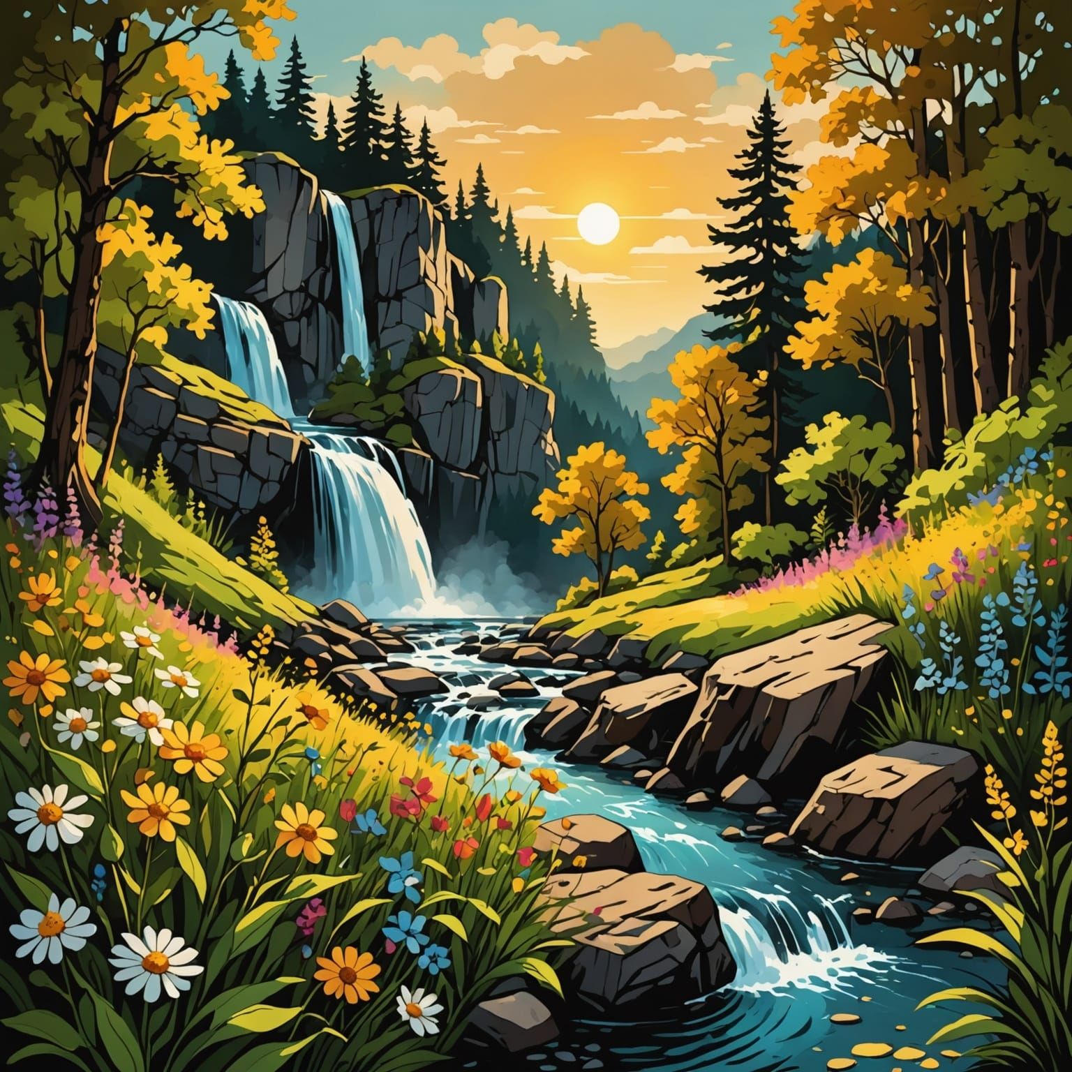 Golden Hour Waterfall in Colorful Cartoon Style