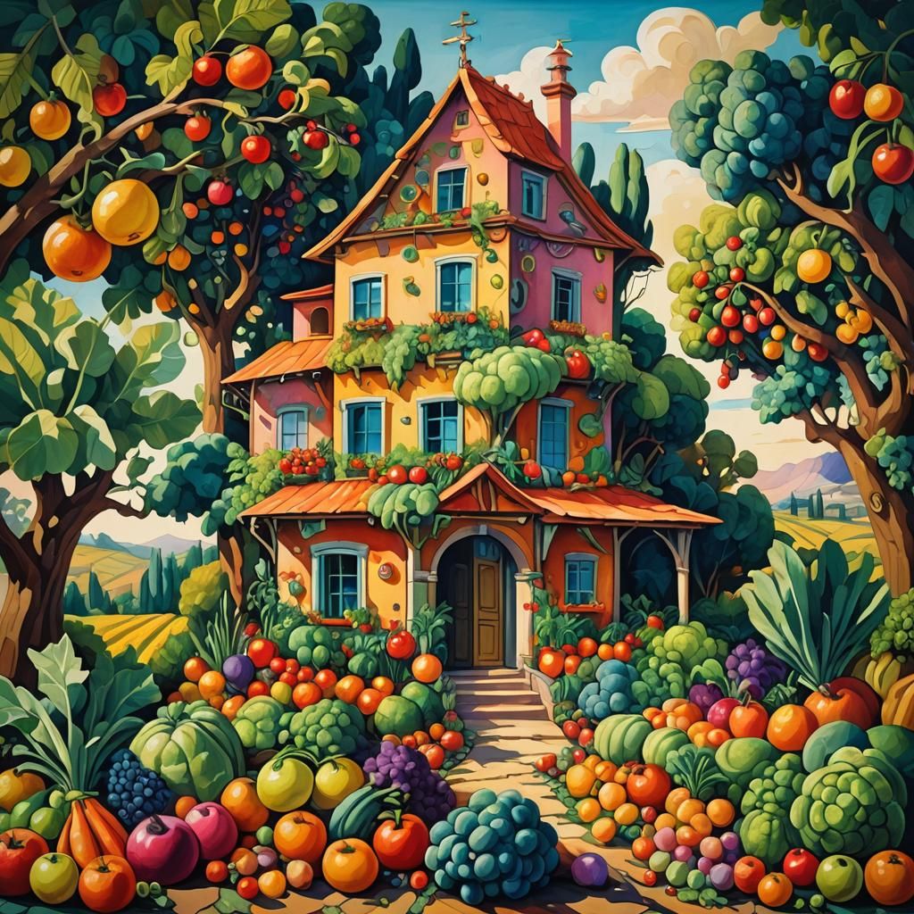 Surreal Fruit and Vegetable House in Gouache Style
