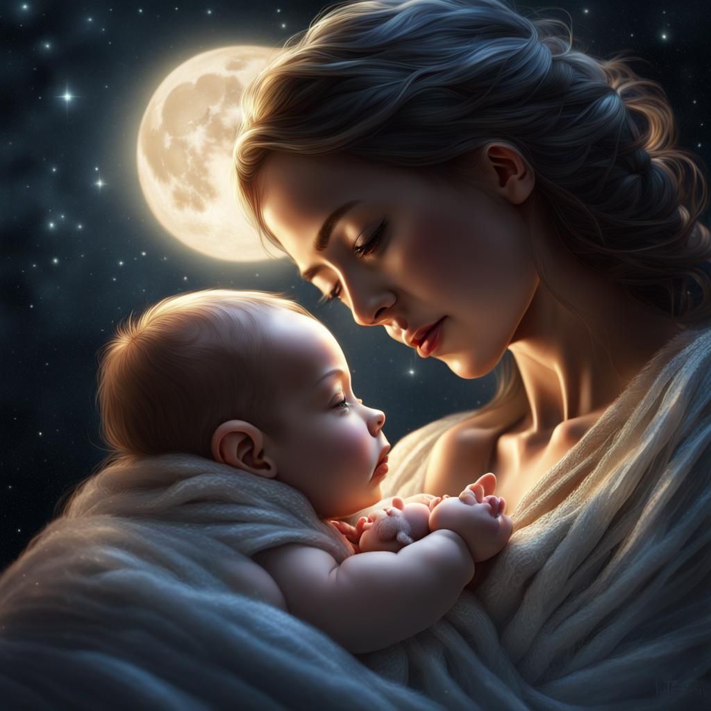 Serene Mother and Newborn in Moonlight