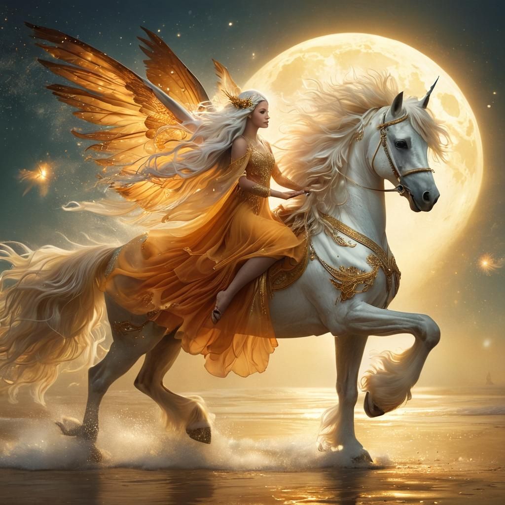 Fairy Riding a Bioluminescent Pegasus Over Beach