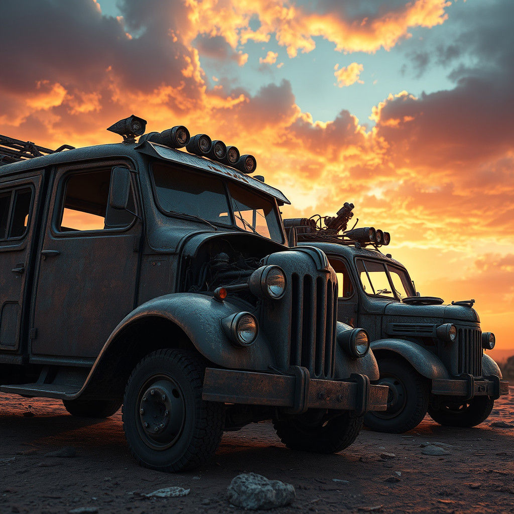 Post-Apocalyptic Vehicles in a Dramatic Landscape