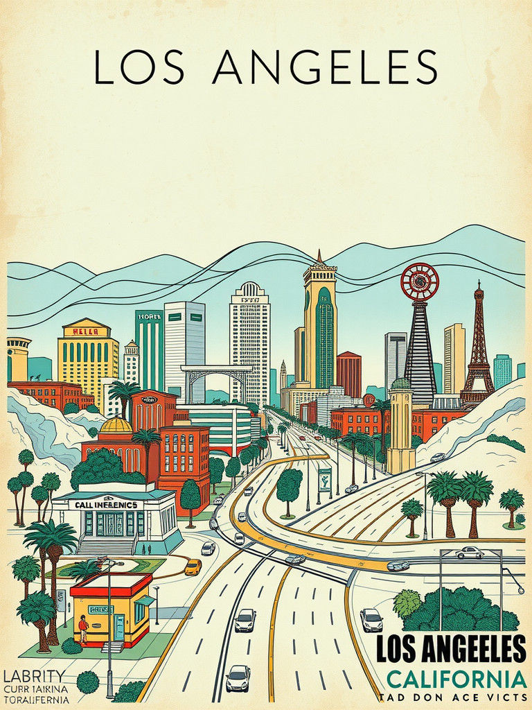 Los Angeles California Vintage Travel Poster Illustration