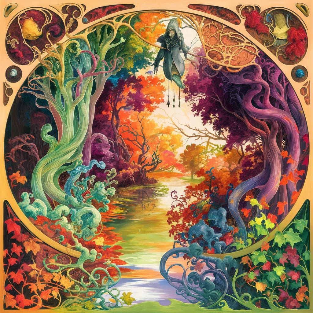 Enchanting Autumn Fey Forest in Art Nouveau Style