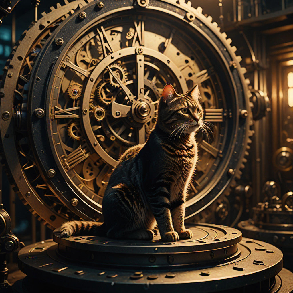 Cat Amidst Whirling Clockwork in Mystical Room