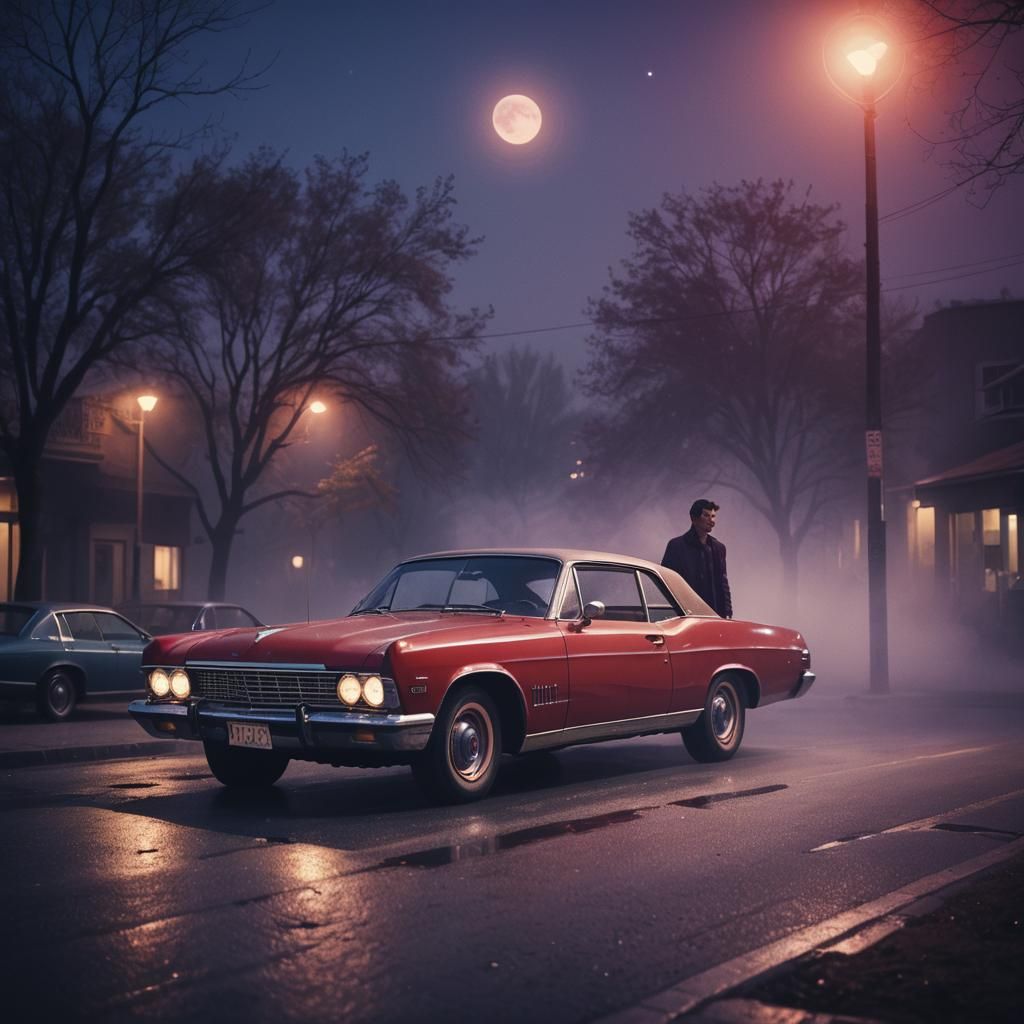 Man and Red Car in Retro Futuristic Style