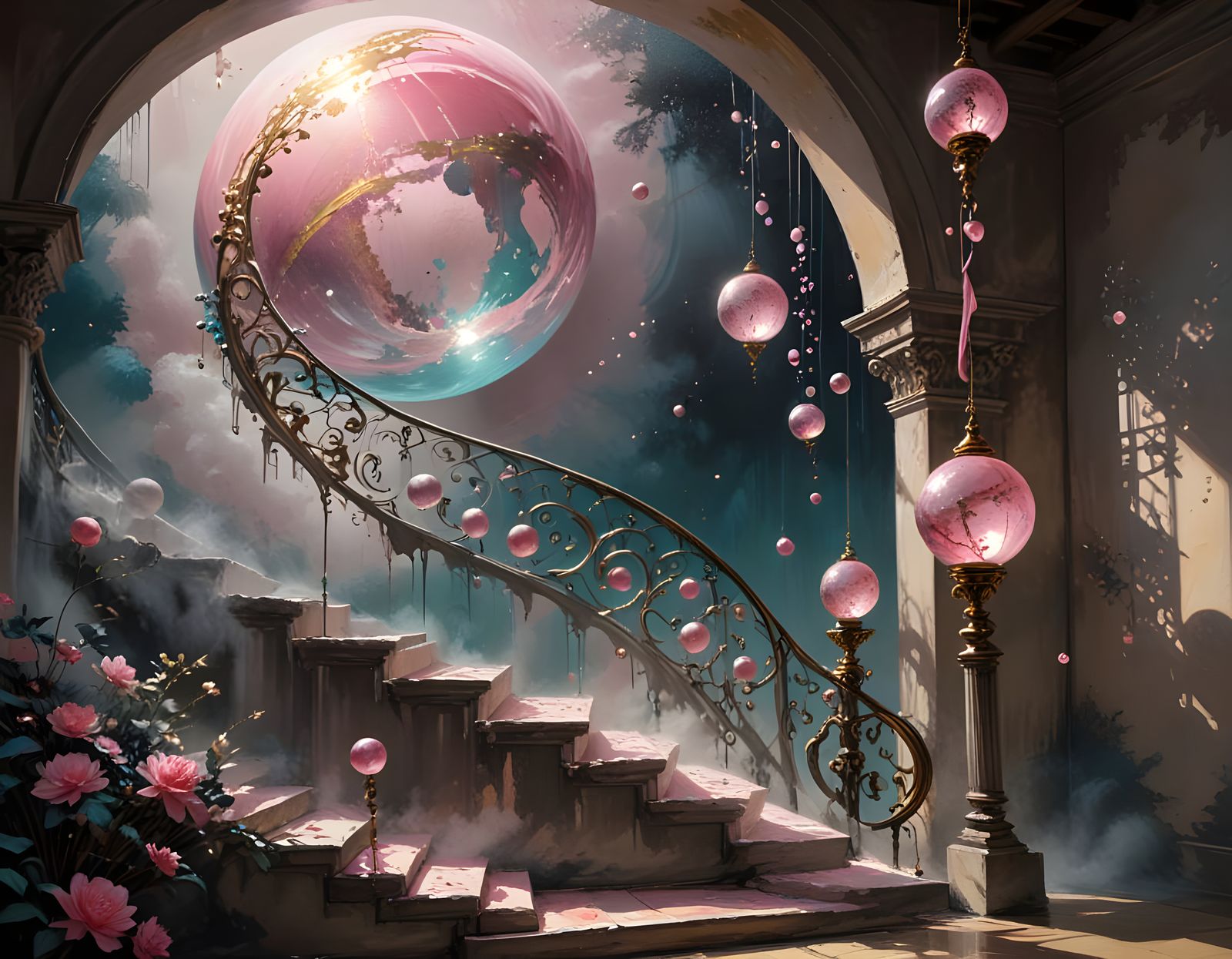 Shadow-Light Staircase to Sky in Pink and Gold