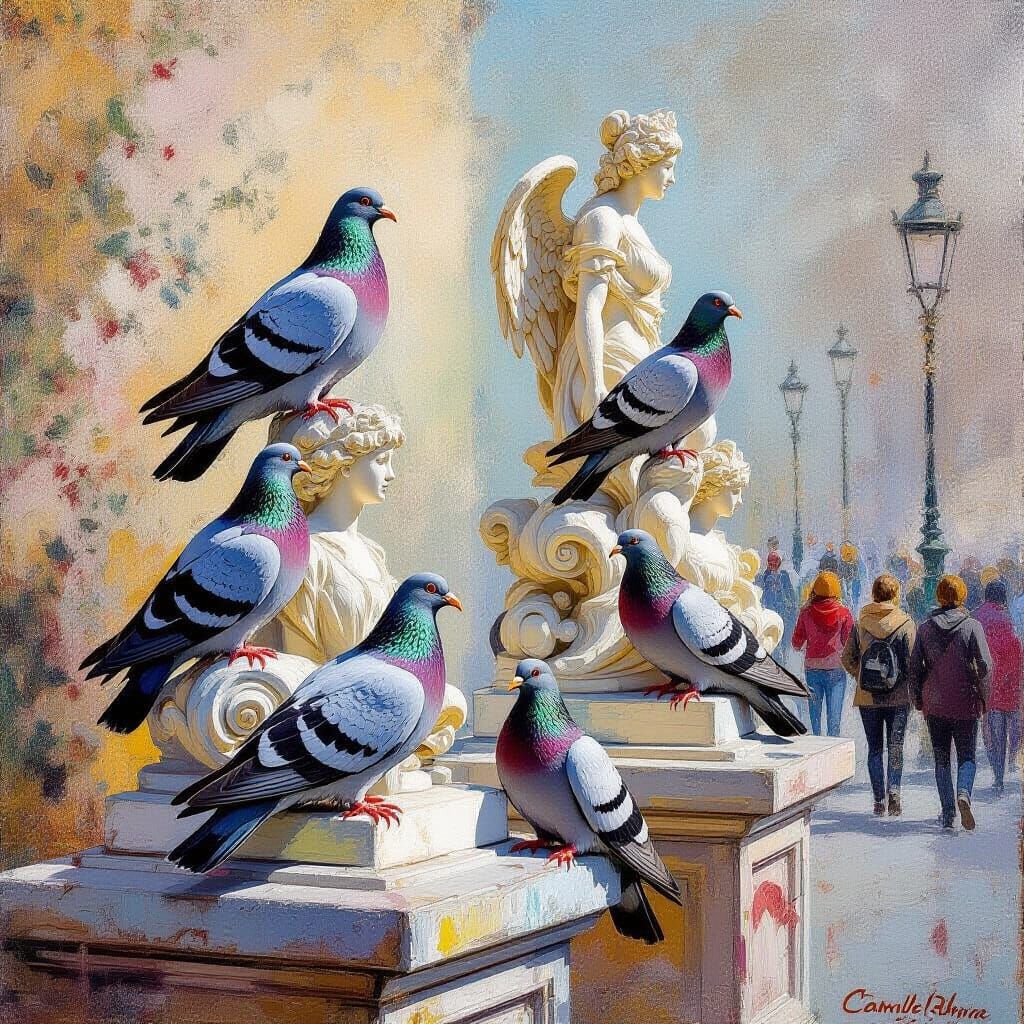 Pigeons on Ornate Statues with Monet & Garcia Style
