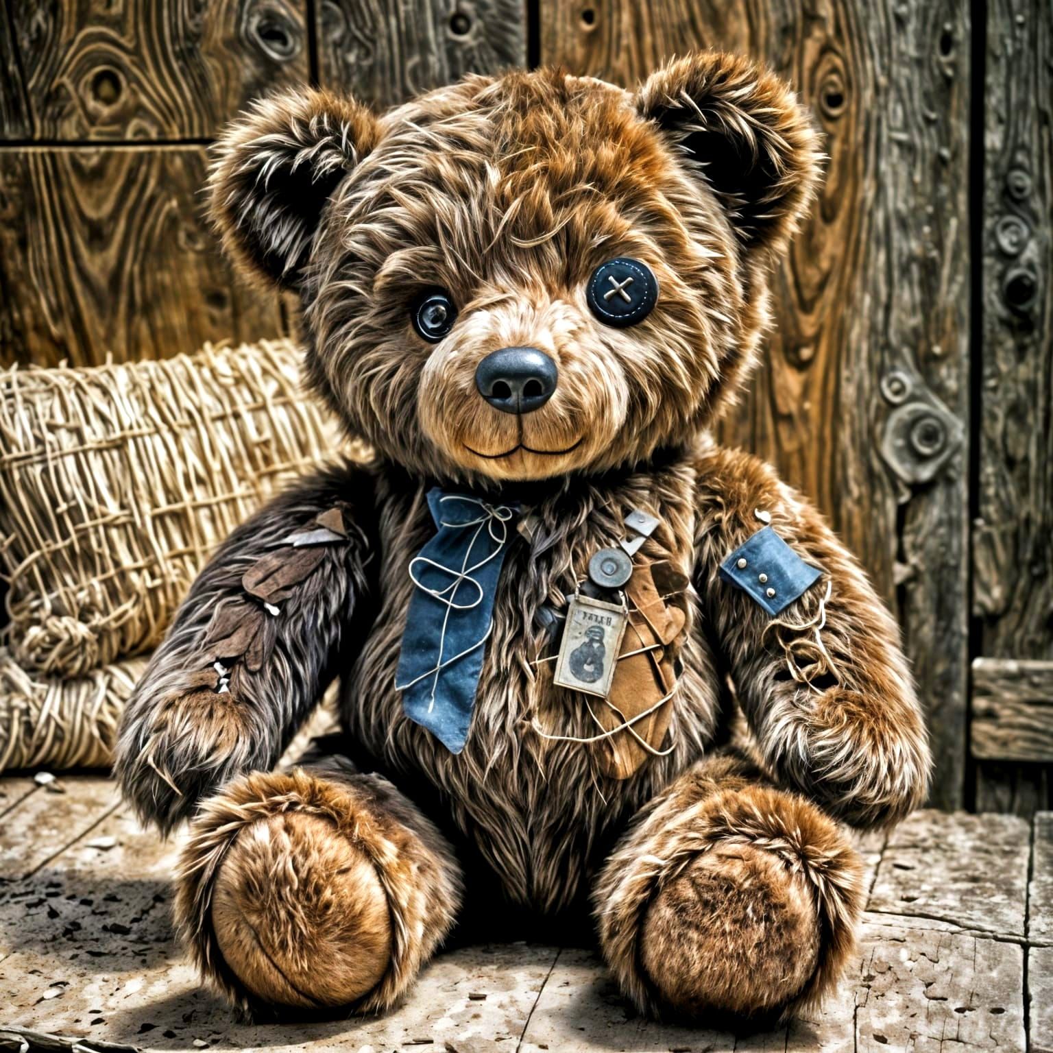 Well-Loved Teddy Bear Repaired by a Child