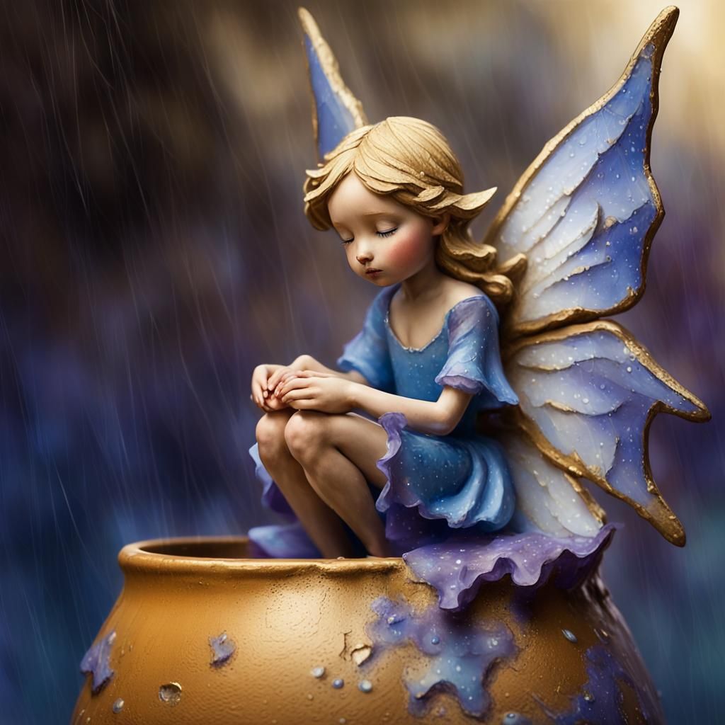 Whimsical Fairy in Clay Pot: Impressionist Close-Up