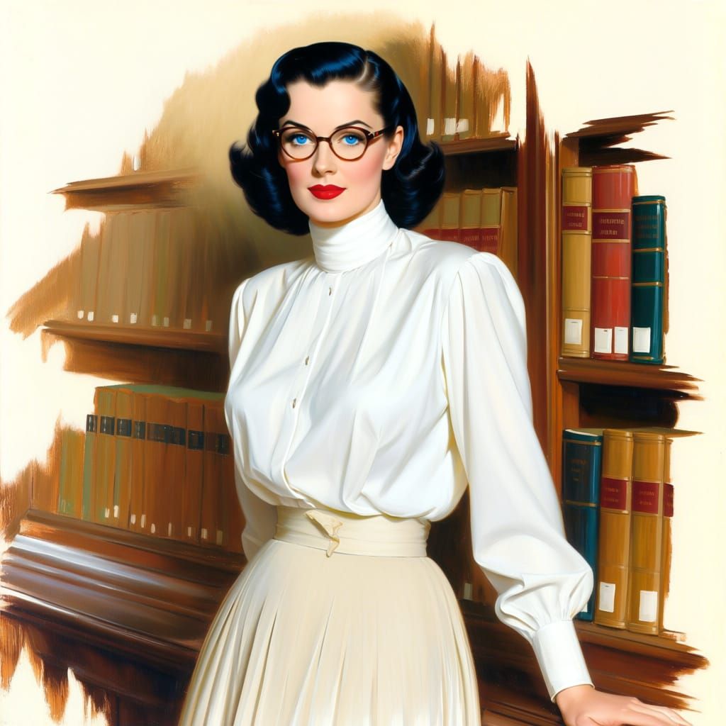 1940s Woman in Library Oil Portrait
