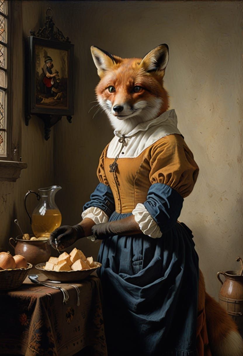 Anthropomorphic Fox as a Milkmaid in a 17th-Century Style Po...