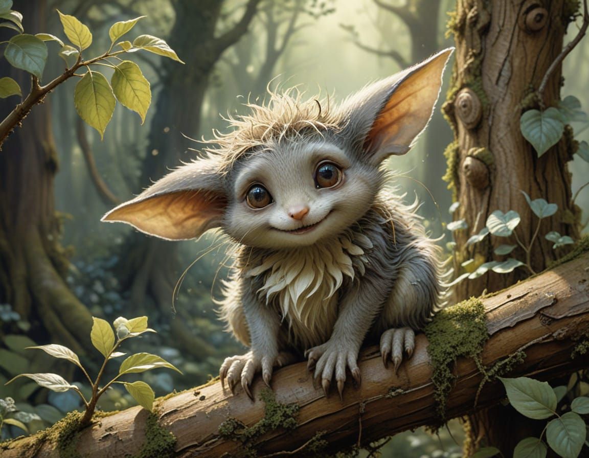 Whimsical Cartoon Creature on Tree Branch