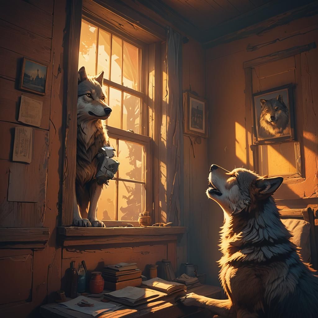 Wolf Gazing at Old Man: Stylized 3D Rendering