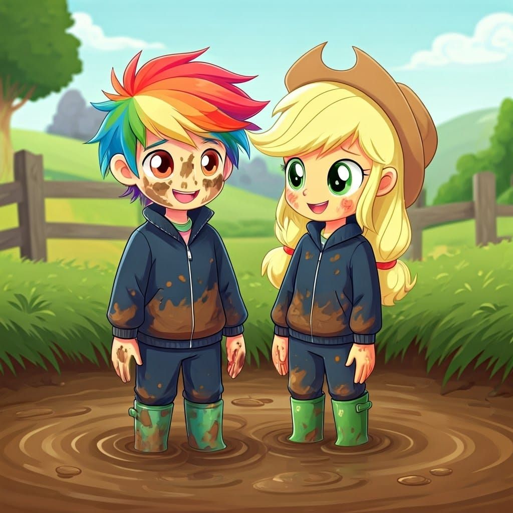 Muddy Farm Fun: Two Boys Play in Whimsical Style