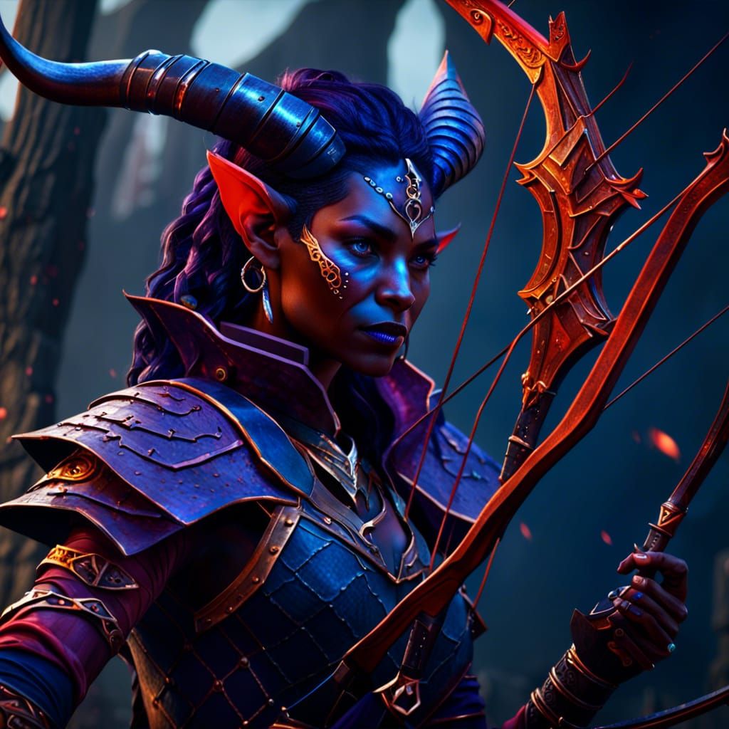 Elder Tiefling Archer in Detailed Matte Painting