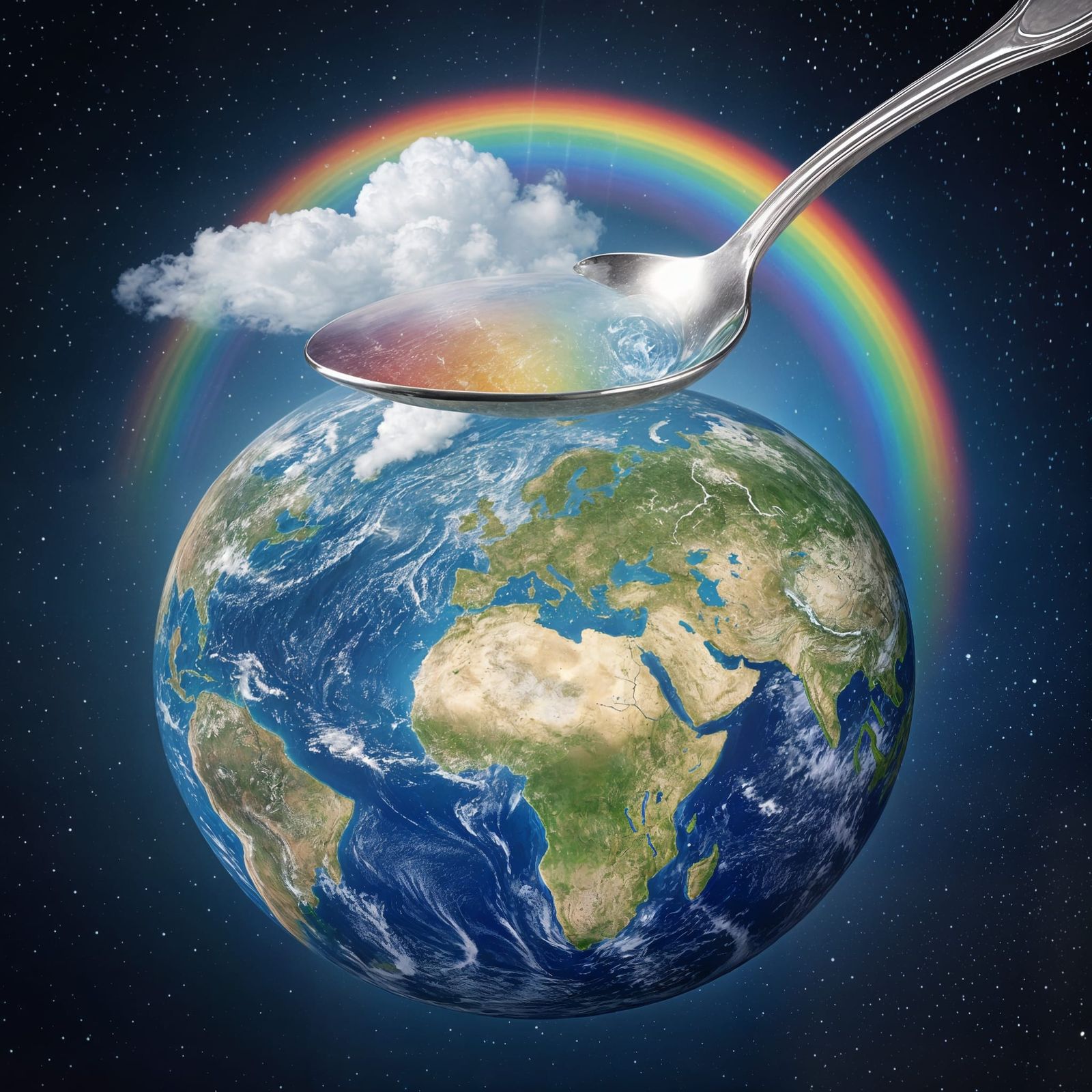Globe and Giant Spoon with Rainbow Weather