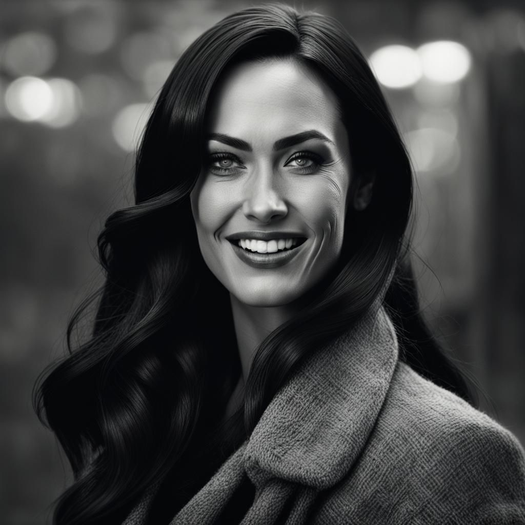 Stunning Megan Fox detective whit adorable smile and long black hair.