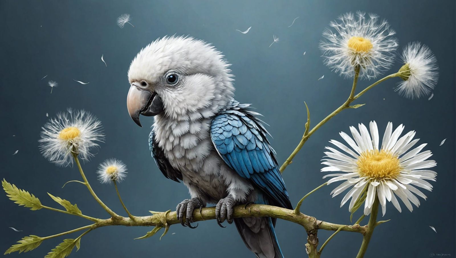 Silver Baby Parrot in Whimsical Illustration Style