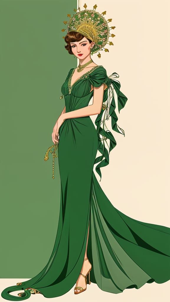 Elegant Art Deco Woman in Green Gown