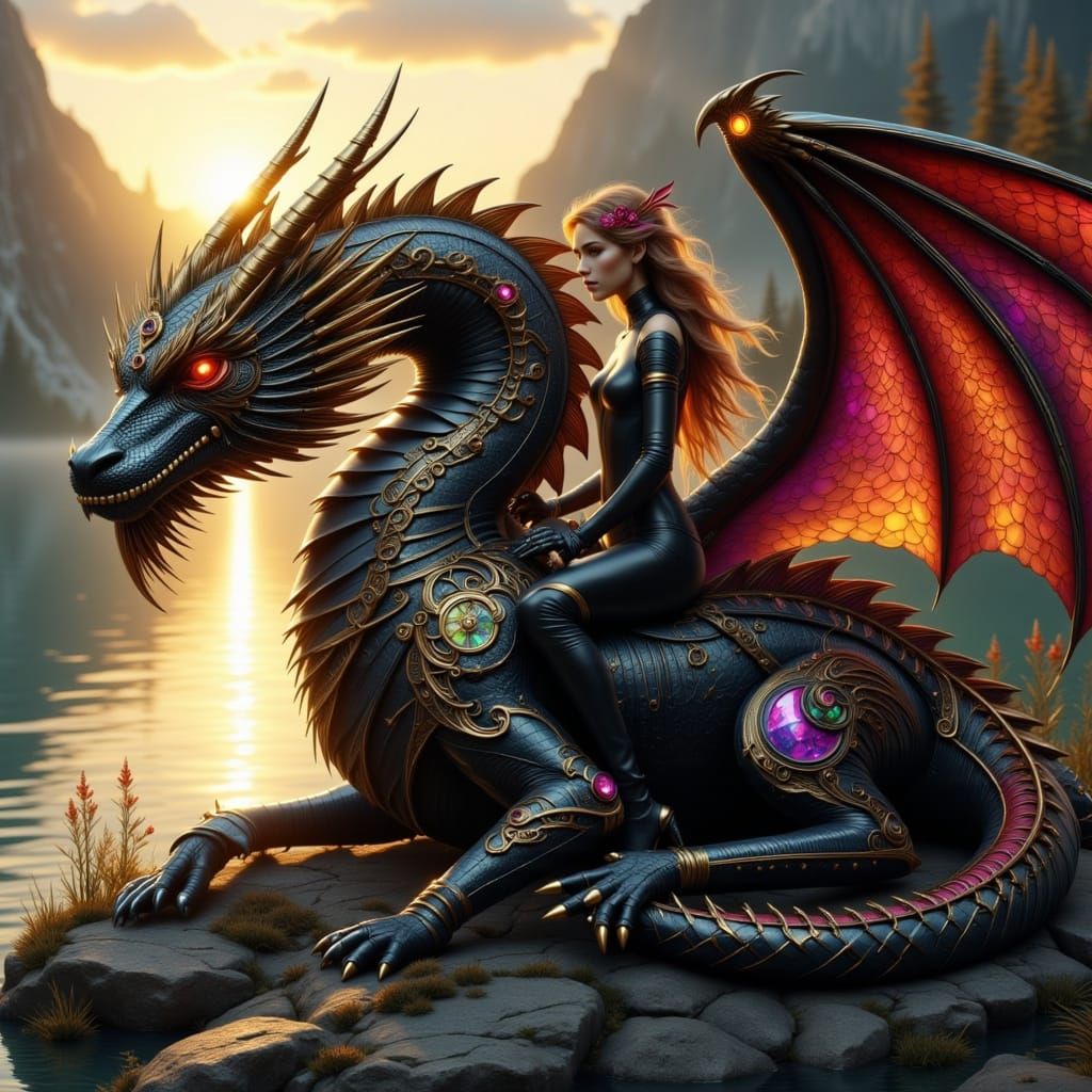 Dragon Rider Beside Lake in Art Nouveau Punk Style