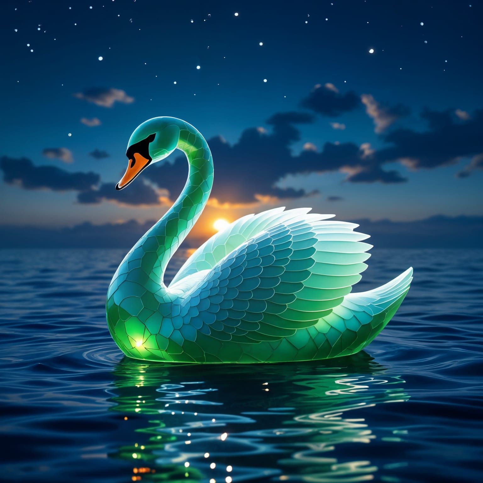 Night Sea Swan Sculpture of Green Sea Glass