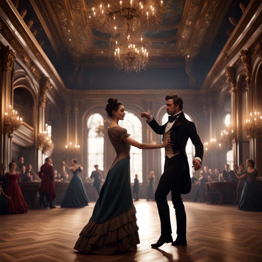 Victorian Couple Dancing in a Ballroom: Detailed Digital Pai...
