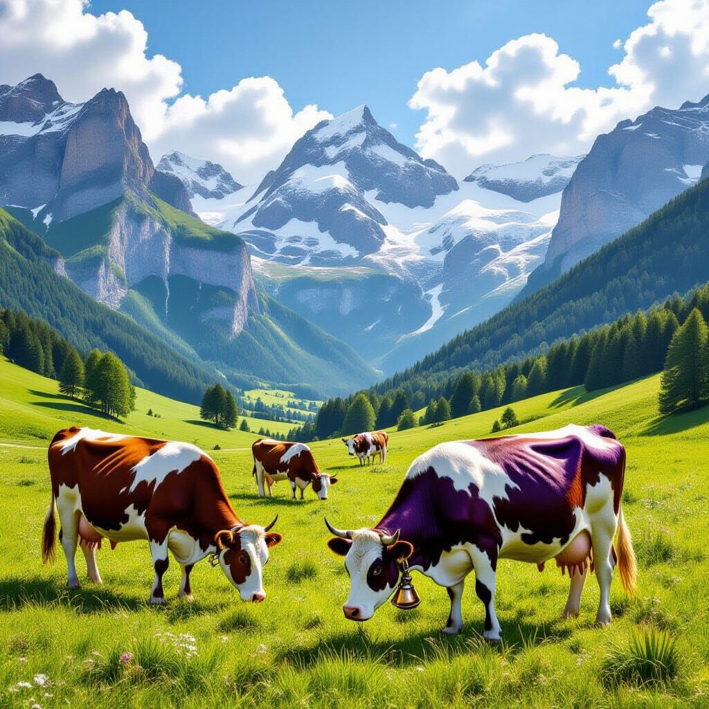 Surreal Swiss Alps Pastoral Scene with Unique Cow