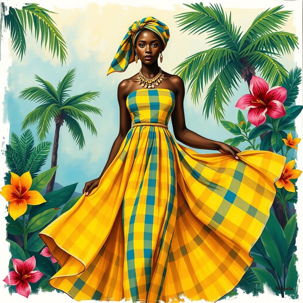 Guadeloupe woman wearing bright madras gingham print
