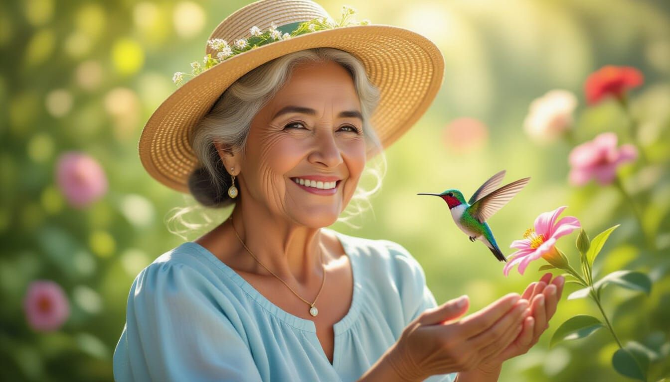 Elderly Latina Woman Smiling in Monet-Inspired Garden
