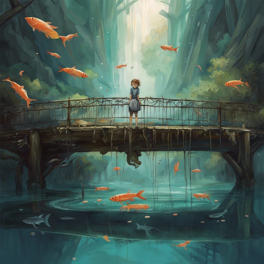 Surreal Upside-Down Bridge with Reflected Walker