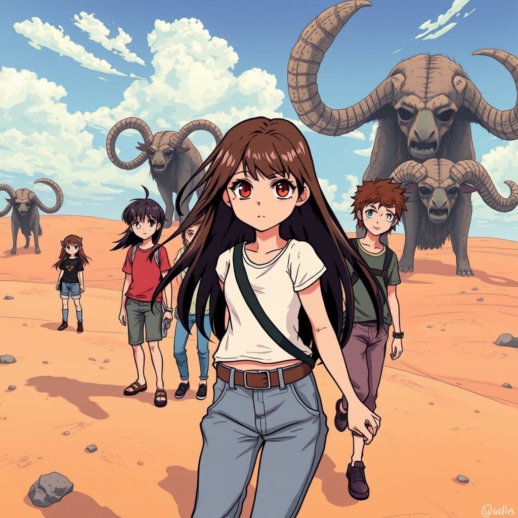 Girls on Desert Island in Vibrant Manga Style