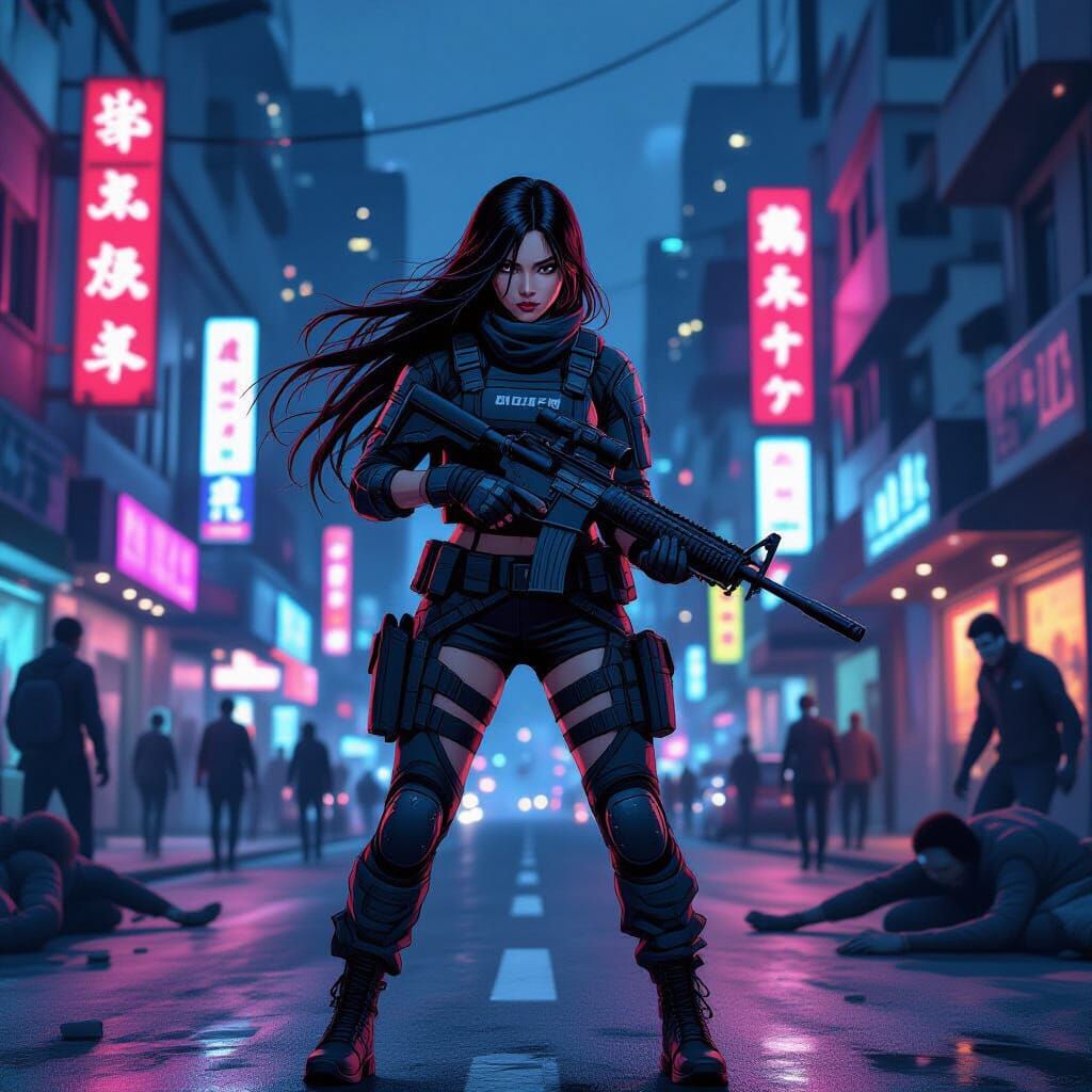 Cyberpunk Warrior Fights Zombies in Neon City