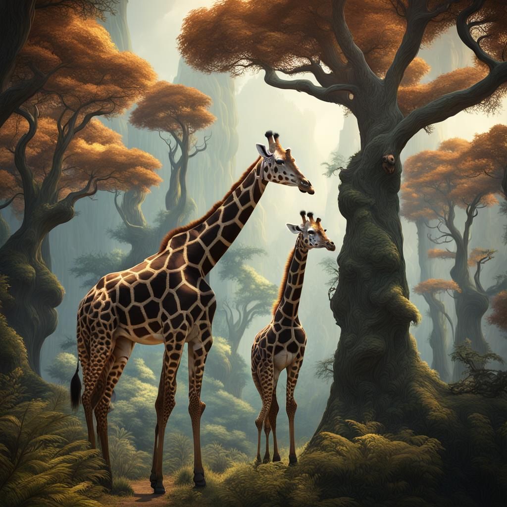 Giraffe Among Tall Trees: Detailed Matte Painting