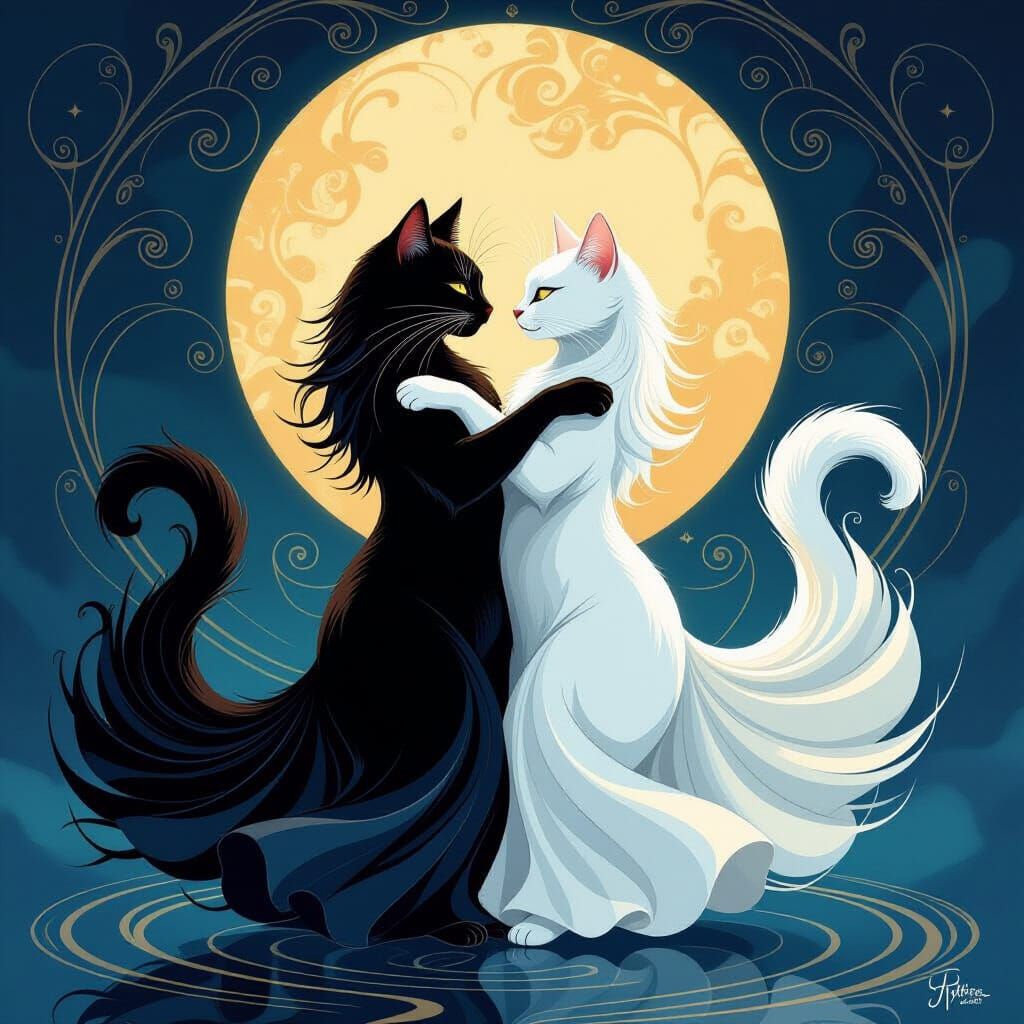 Cats Dancing in Yin Yang Symbol Digital Painting