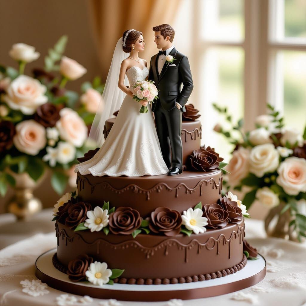 Elegant Chocolate Wedding Cake with Bride and Groom