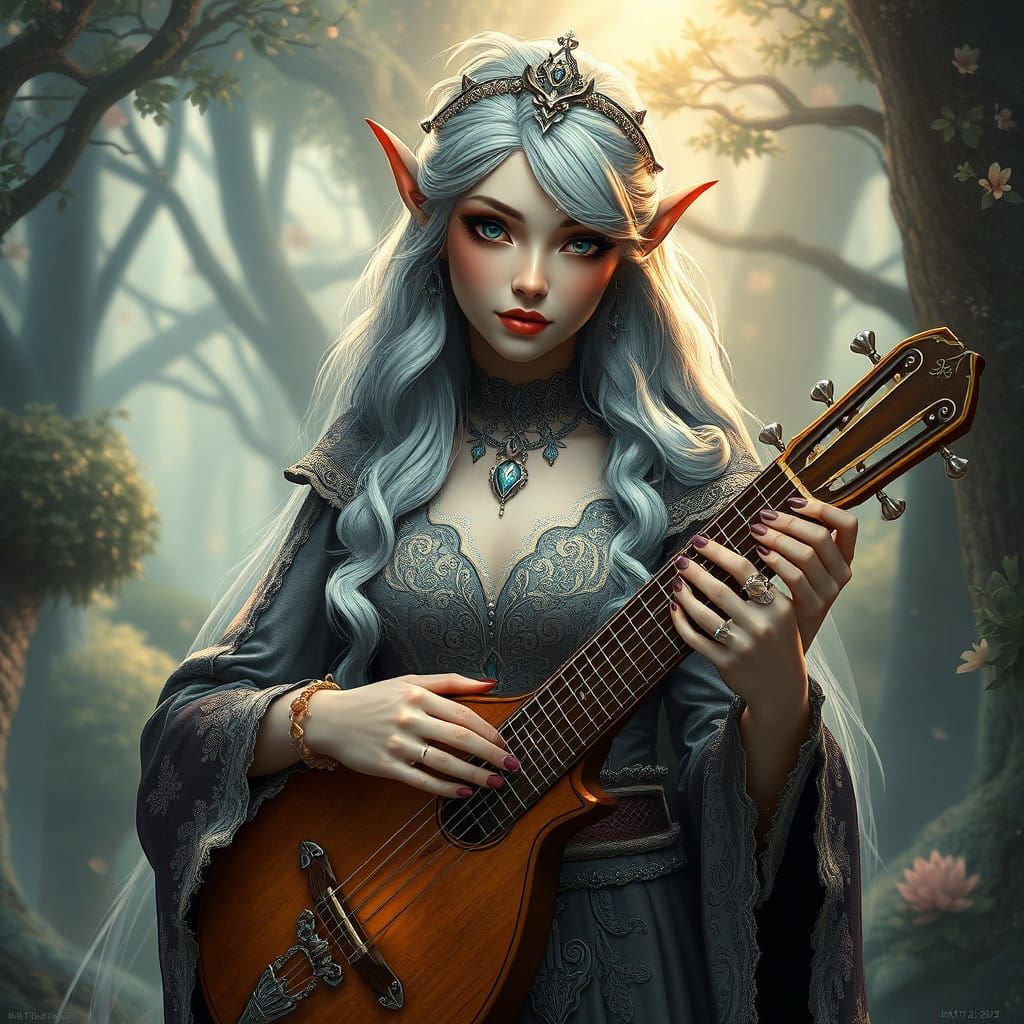 Ethereal Half-Elf Bard in Whimsical Forest Landscape
