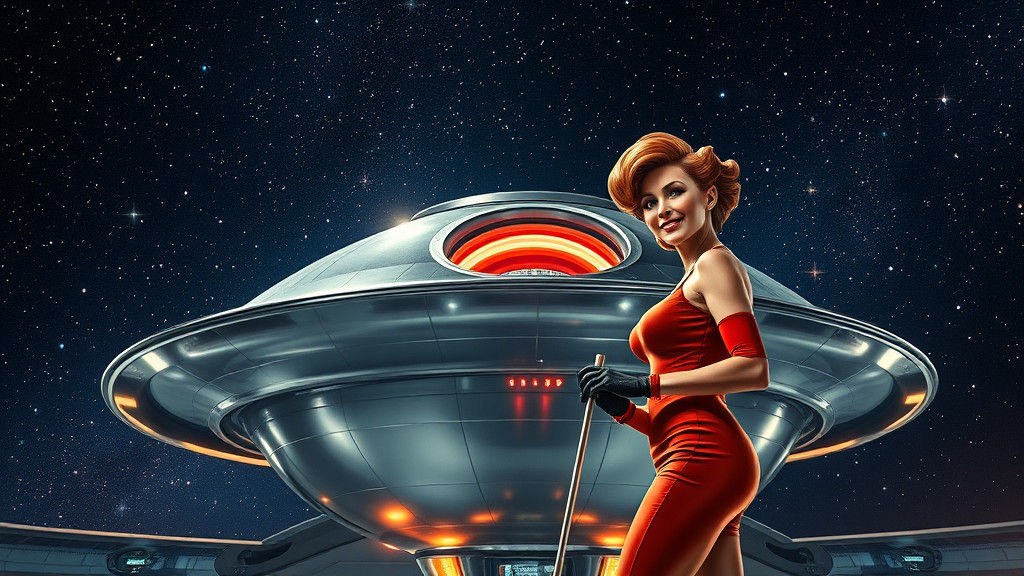 Futuristic Space Station with UFO and Pin-Up Alien