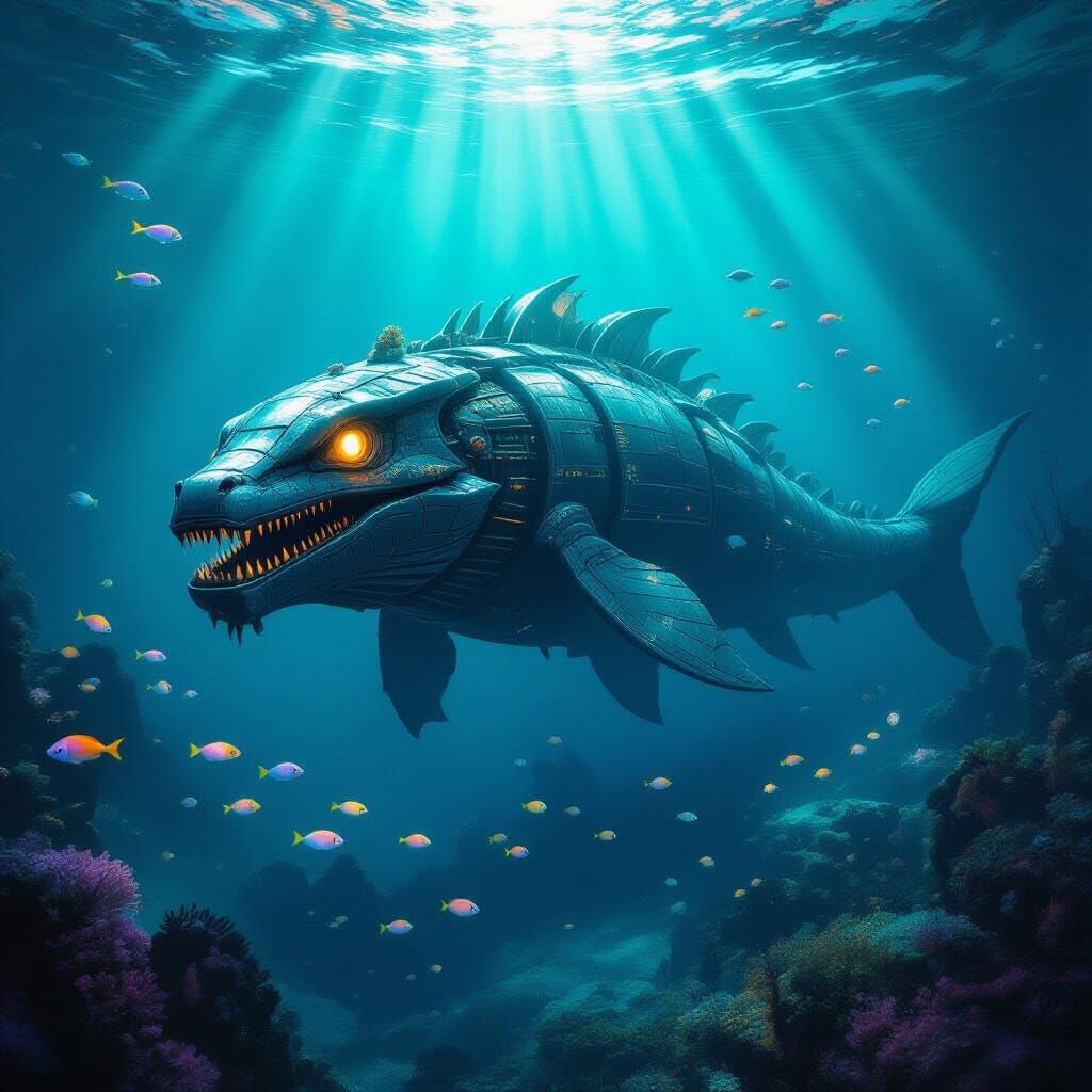 Mechanical Loch Ness Monster Patrols Bioluminescent Sunken C...