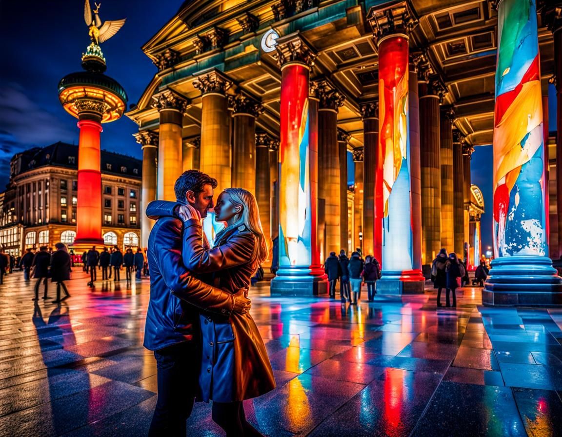 Passionate Embrace in Berlin: Maximalist Photoillustration