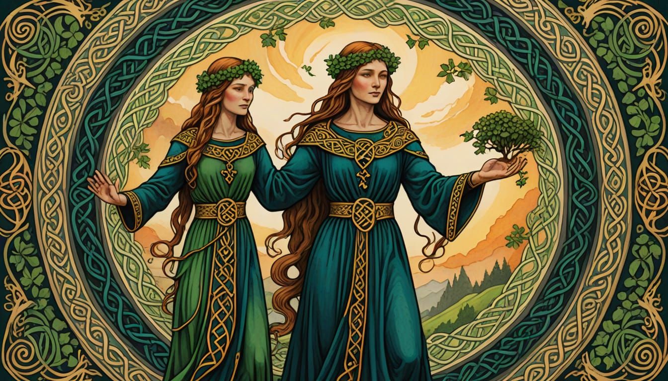 Celtic Art: Woman and Nature God in Vibrant Colors