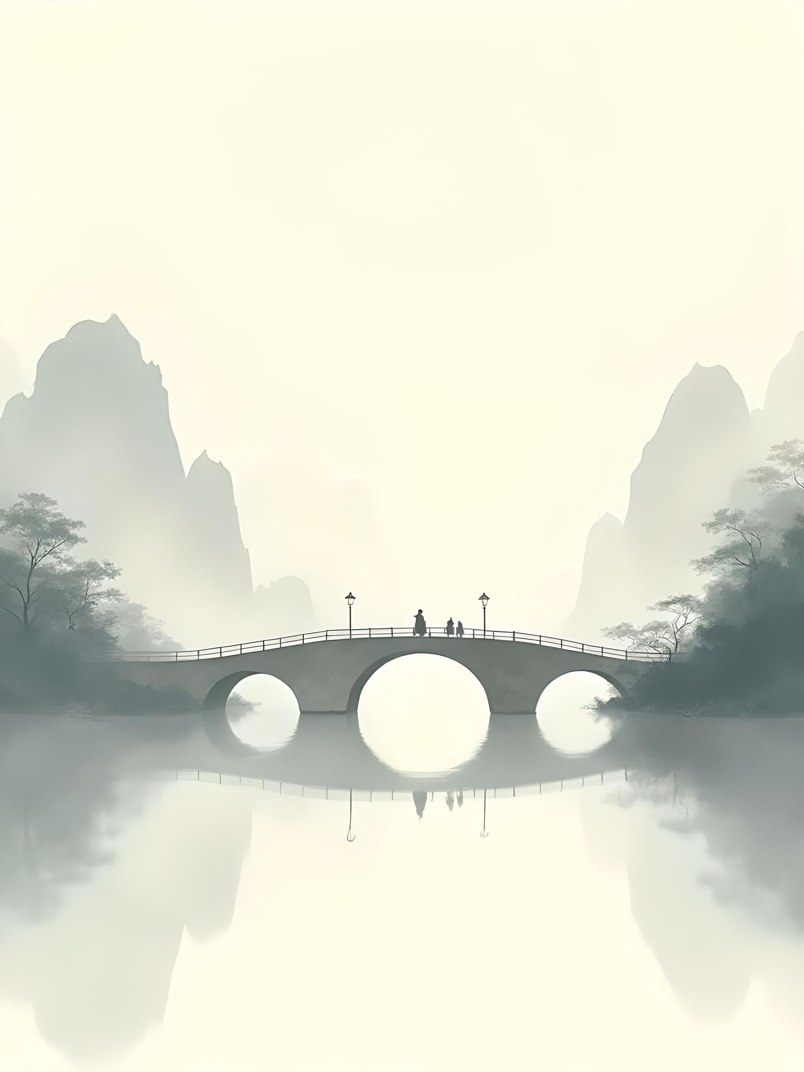 Minimalist Chinese Bridge in Ink Wash Style