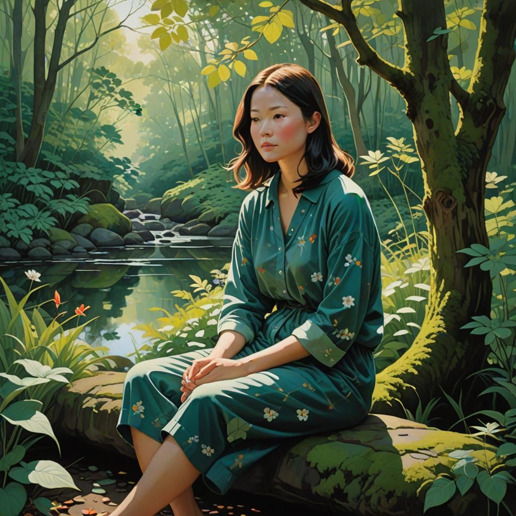 Meditative Figure in Lush Greenery