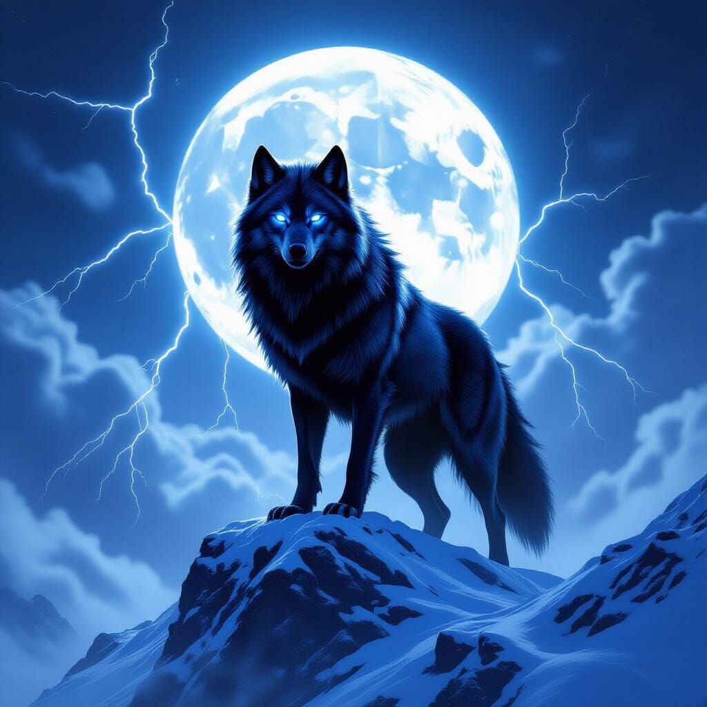 Epic Black Wolf on Snowy Peak in Dark Fantasy Style