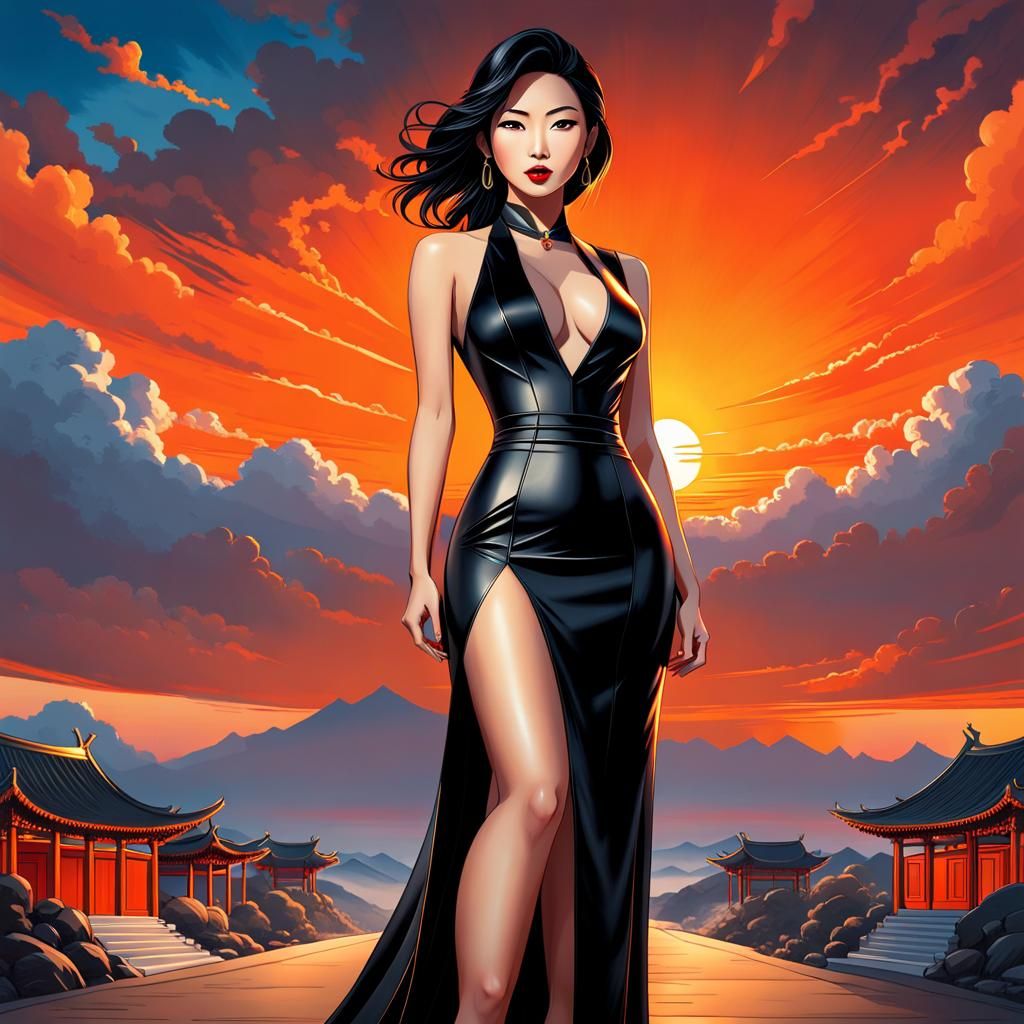 Stunning Woman in Leather Dress at Sunset